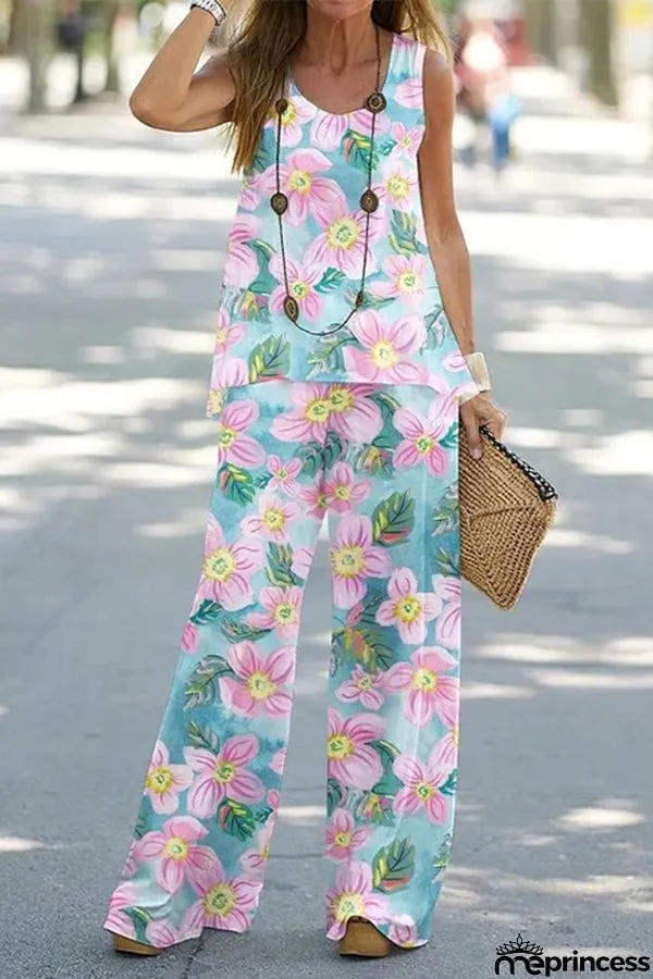 Simply Flourishing Printed Loose Tank and Wide Leg Pants Set
