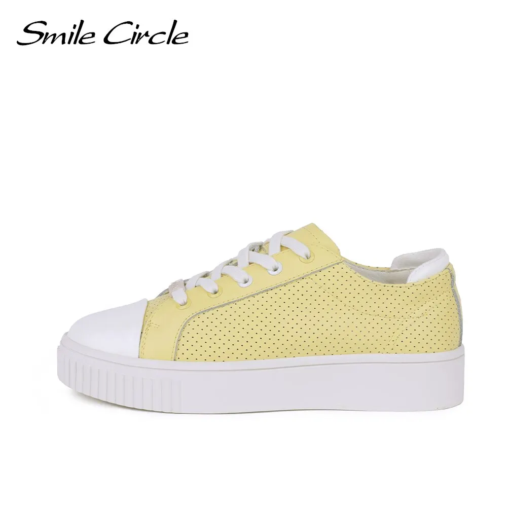 Smile Circle Summer Sneakers Women Flat Platform Shoes Genuine Leather Breathable Round toe soft insole Casual Ladies Shoes