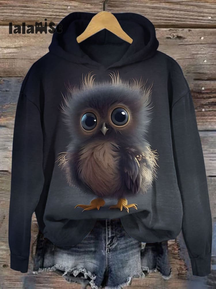 Funny Cute Owl Art Print Casual Hoodie Sweatshirt Black / S