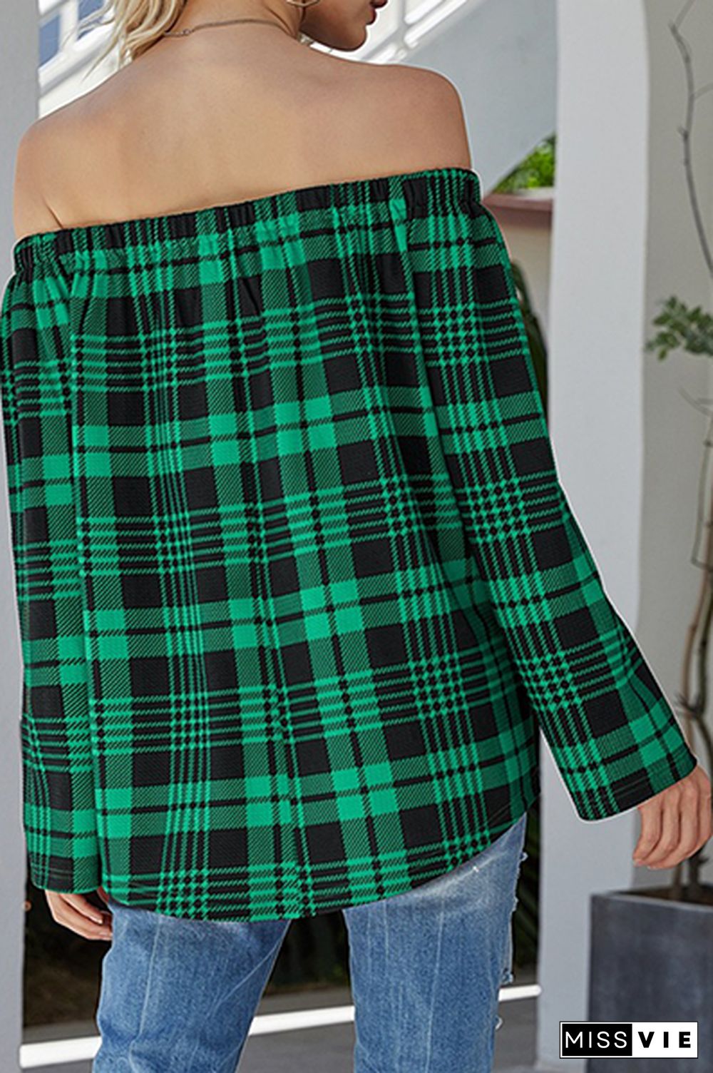 Casual Plaid Split Joint Off the Shoulder Tops