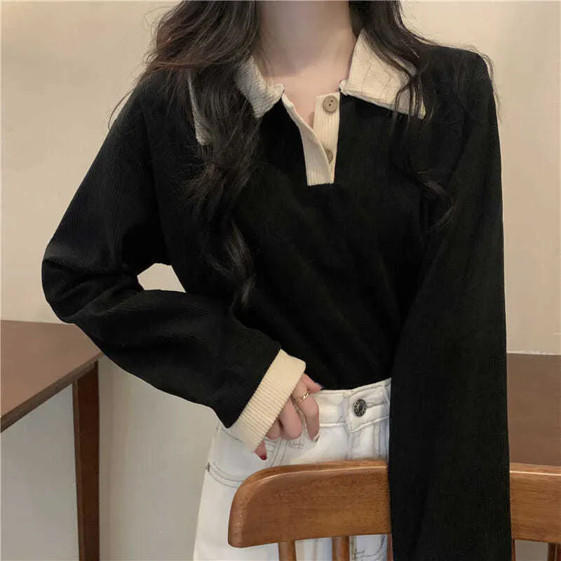 Brownm Brownm 2023 New Thin Lapel POLO Long-Sleeved T-Shirt Women's Versatile Show Thin Ins With Student Top Fashion