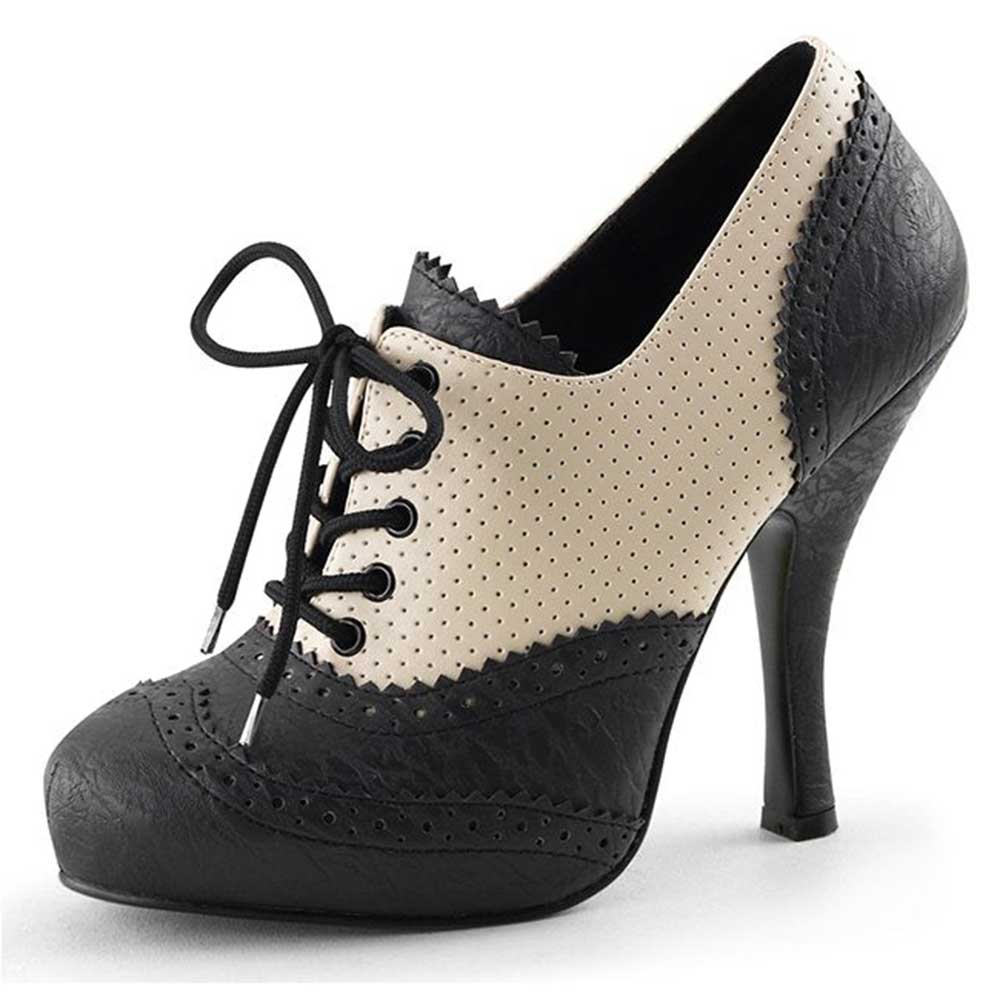 Black & Beige Round Toe Spool Heel Vintage Lace Up Oxford Shoes Women Nicepairs