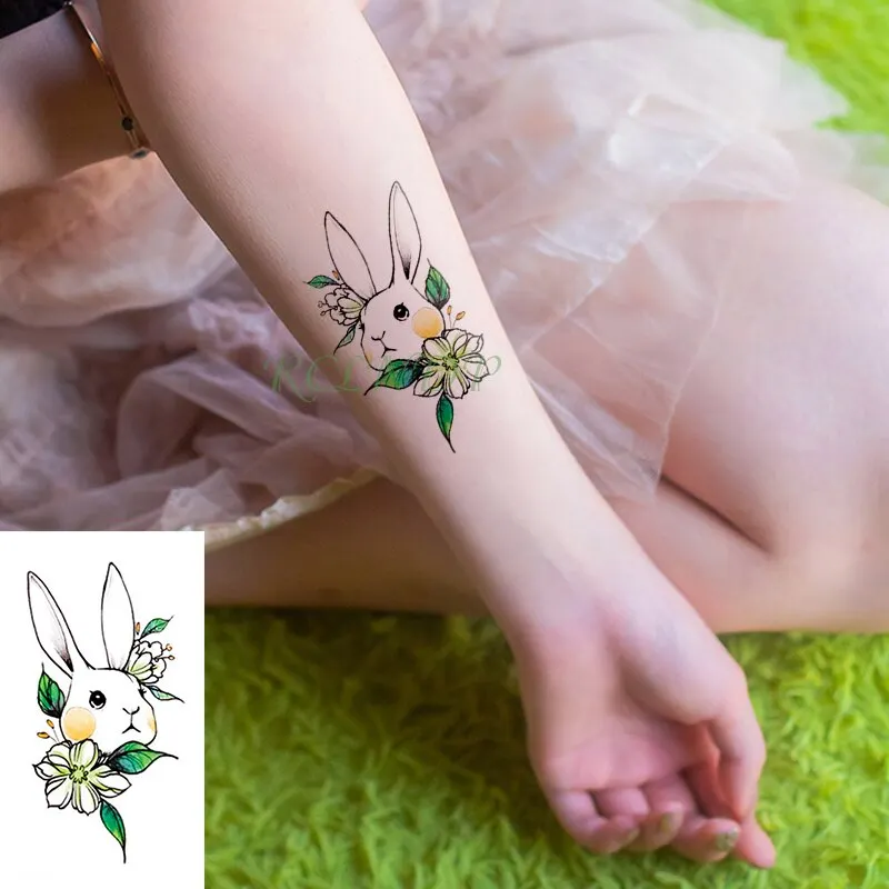 Water Transfer fake flsh tattoo cute cartoon gray rabbit Waterproof Temporary Tattoo sticker for adults kids 10.5*6 cm