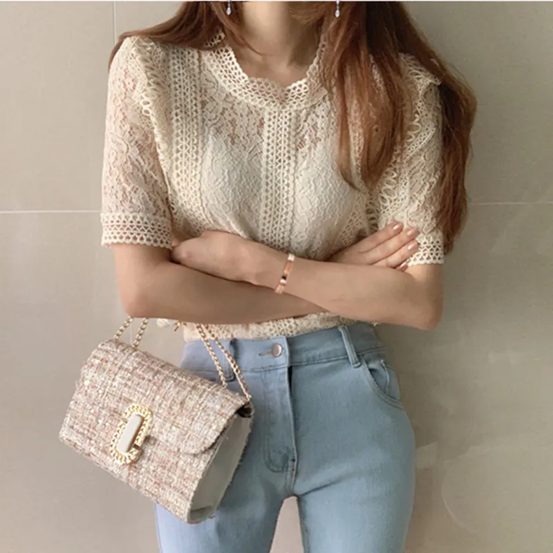 Brownm Brownm Top Retro Women's Summer 2025 New Lace Lace Hollow Shirt Temperament Slim Chic Short-Sleeved Shirt