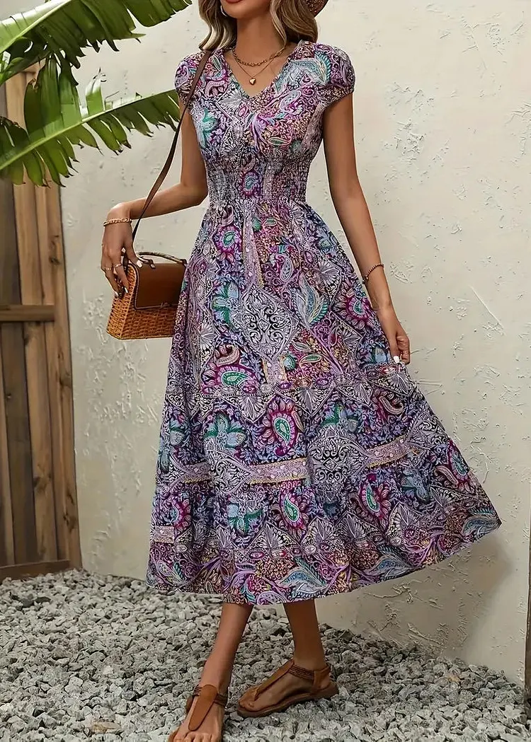 Bohemian V Neck Print Cotton Vacation Long Dresses Summer