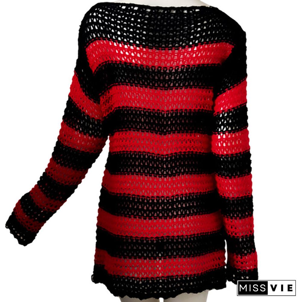 Colorbock Stripe Knit Hollow Out Hole Ripped Sweater