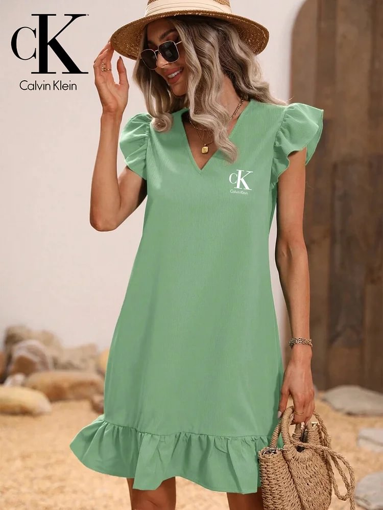 CALVIN KLEIN, ENOTEČNA, OHHAPTA OBLEKA Z NABORKI, Z V-IZREZOM