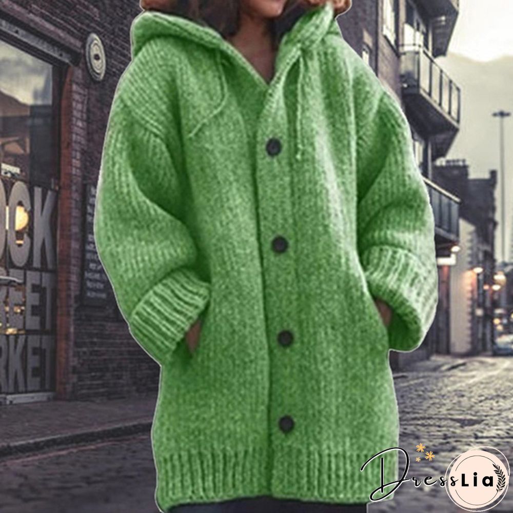 Women Fashion Mid-length Button Up Knitted Cardigan Jackets Ladies Casual Autumn and Winter Hooded Sweater Coats Strickjacke Damen