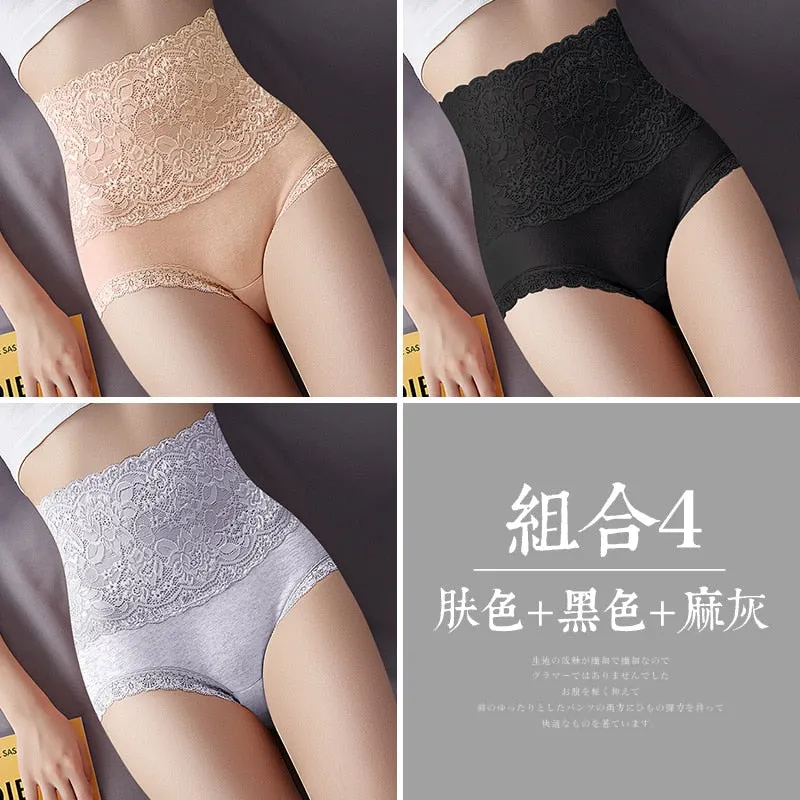 Women Lace Panties High Fit Cotton Panties High Waist Underwear Body Shaping Sexy Lingerie Slimming Tummy Control Pants 3Pcs