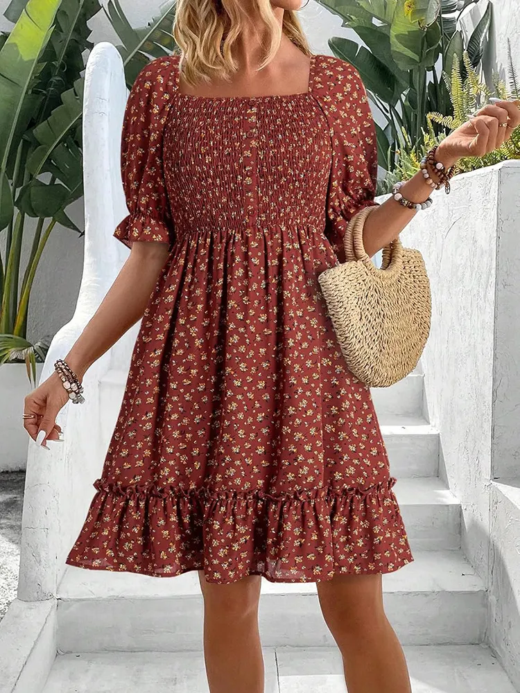Athvotar Athvotar Women's Summer New New Ocean Bubble Bubble Sleeves Crush Flower Dresses Women's Dress