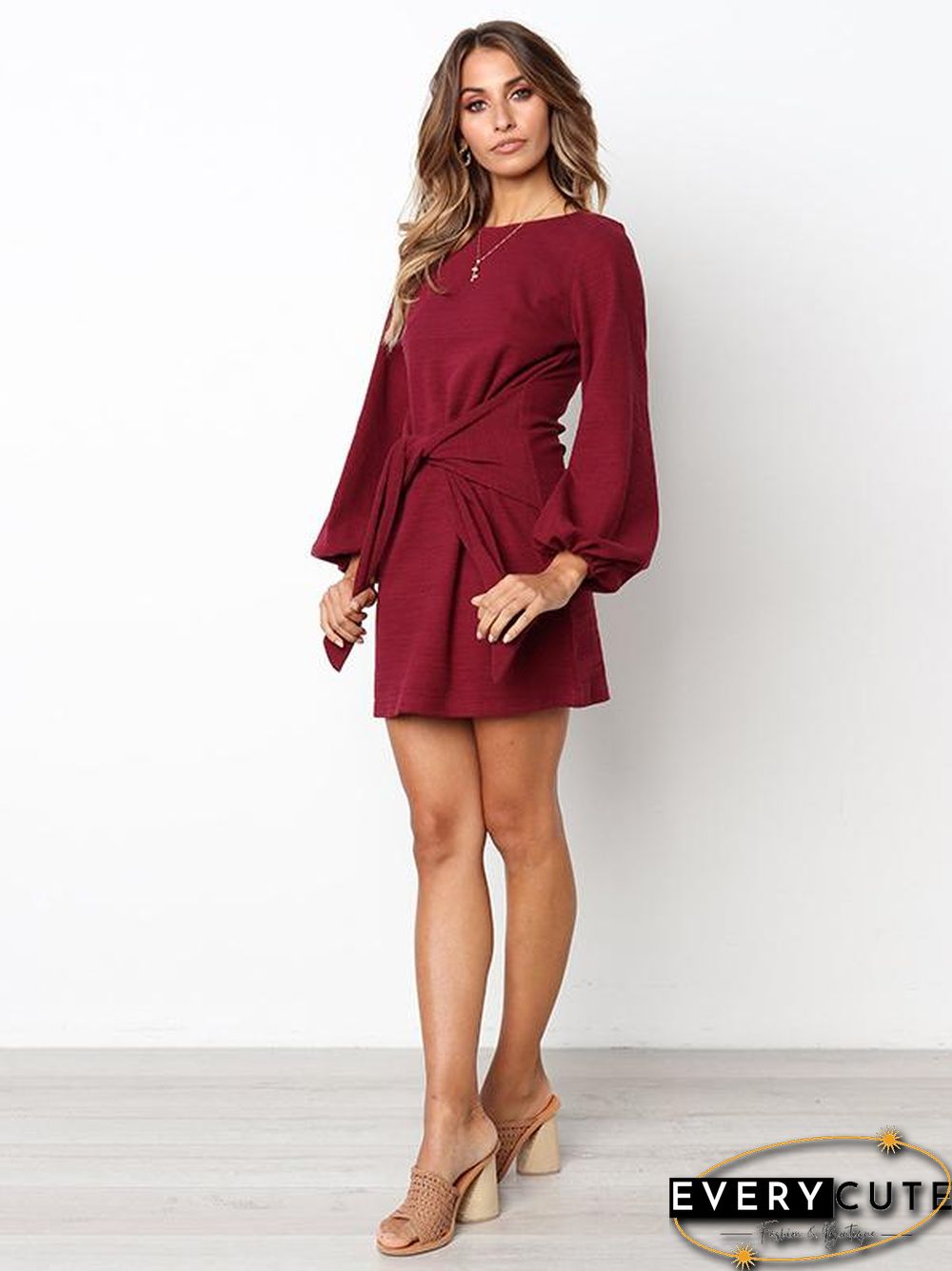 Long Sleeves Round Neck Waist Wrap Mini Dress
