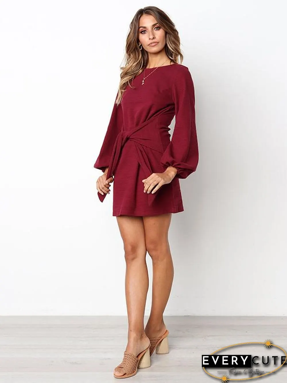 Long Sleeves Round Neck Waist Wrap Mini Dress