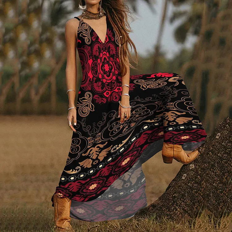 Tribal Floral Print Loose Sling V Neck Maxi Dress