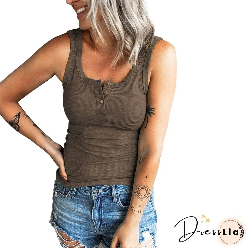 Women Tanks Tops Y2k Casual Button Sleeveless Square Neck Solid Color Vest Ribbed Tops Knitwear For Summer Spring