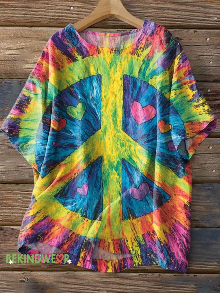 Peace Tie-Dye Printed Casual Cotton Linen Shirt Multicolor / S
