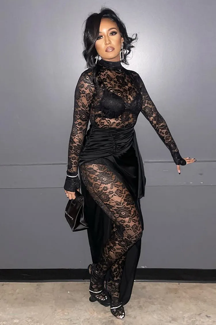 Mock Neck Bodycon Lace Jumpsuit Maxi Skirt Party 2pcs Set-Black Mock Neck Bodycon Lace Jumpsuit Maxi Skirt Party 2pcs Set-Black