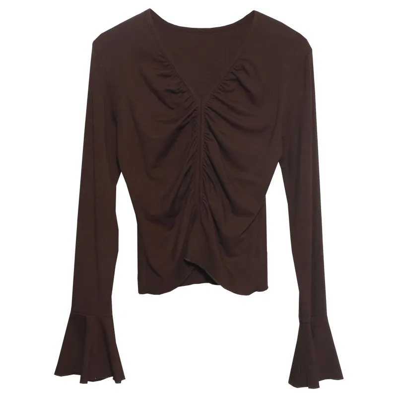 Churchf Real Shooting 2024 Autumn Dress Sexy V-Neck Folded Open Fork Short High-Waisted T-Shirt Horn Long Sleeve Bottom Top 161