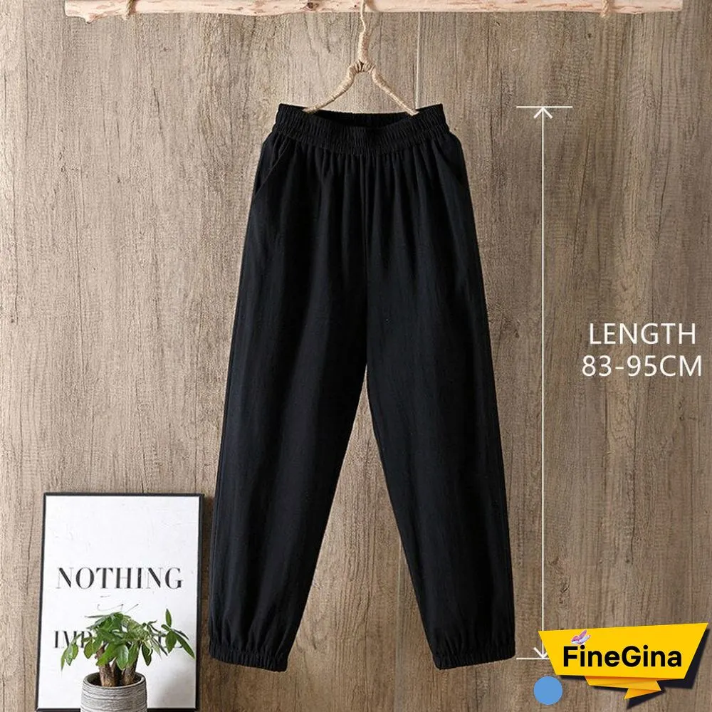 Casual Style Cotton Linen Pants Women Spring Summer New Elastic Waist Solid Basic Retro Loose Women's Harem Pants Trousers