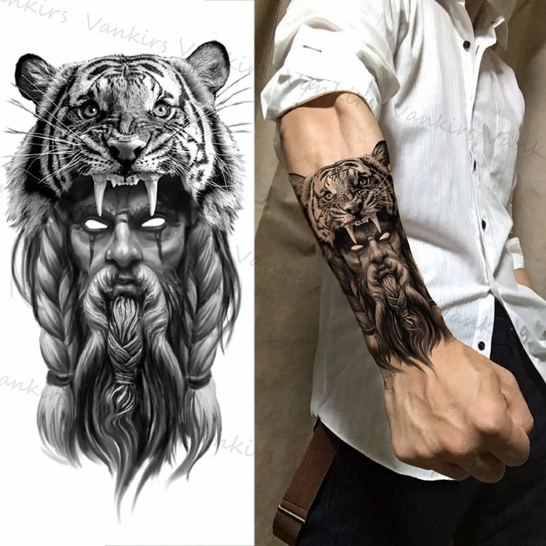 Sdrawing Lion Crown Temporary Tattoos For Women Men Wolf Compass Tiger Mountain Flower Fake Tattoo Sticker Arm Body Tatoos