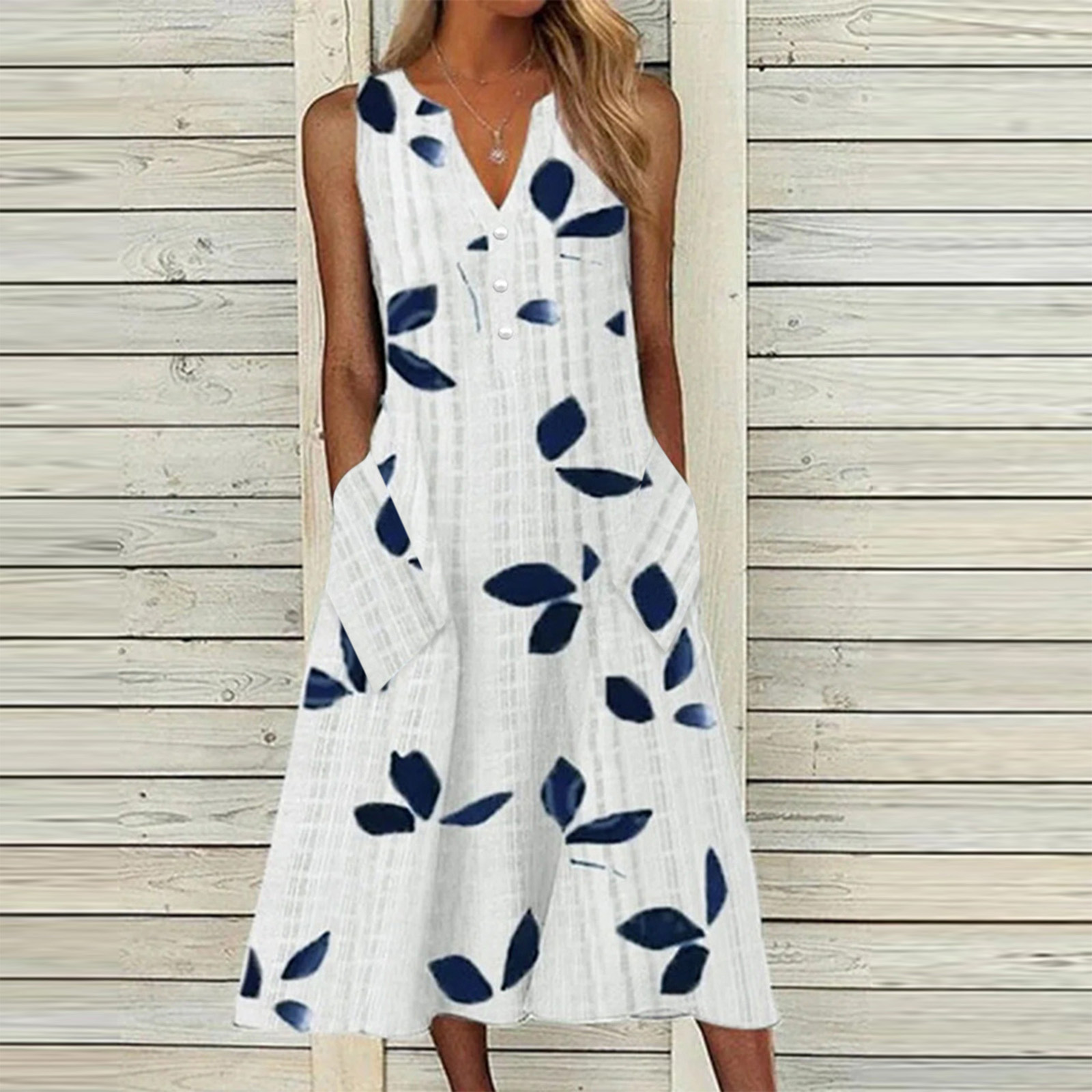 Summer New Leaf Waist V-neck Midi A- Line Dress