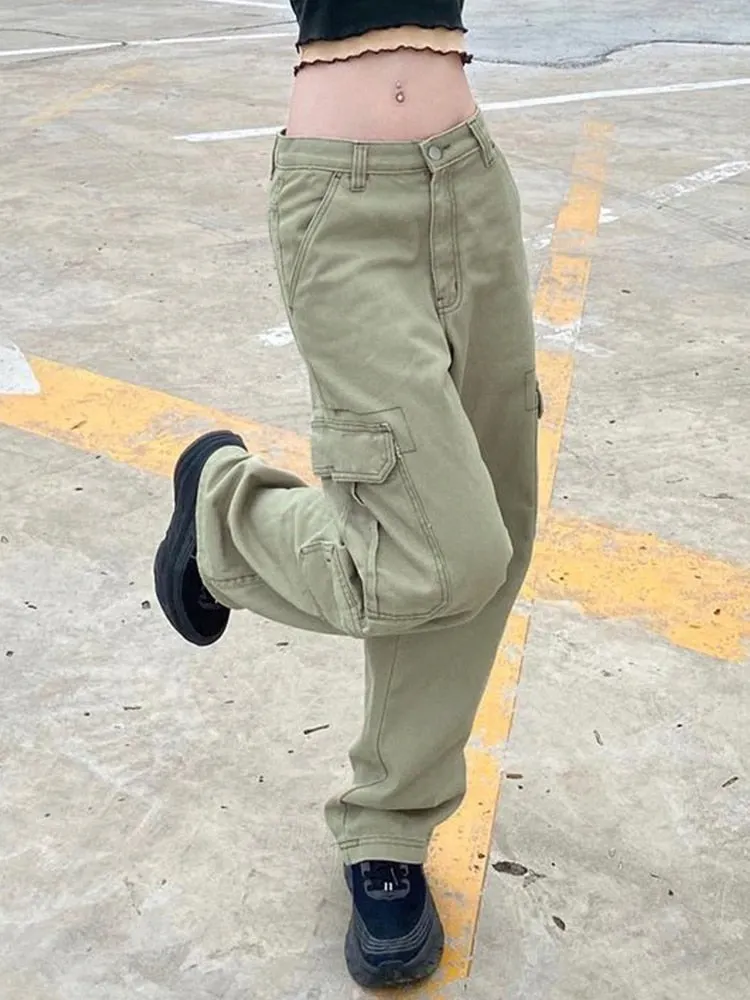 Rapcopter y2k Green Cargo Jeans Big Pockets Low Waisted Trousers Harajuku Casual Basic Sweatpants Women Retro Sporty Joggers 90s
