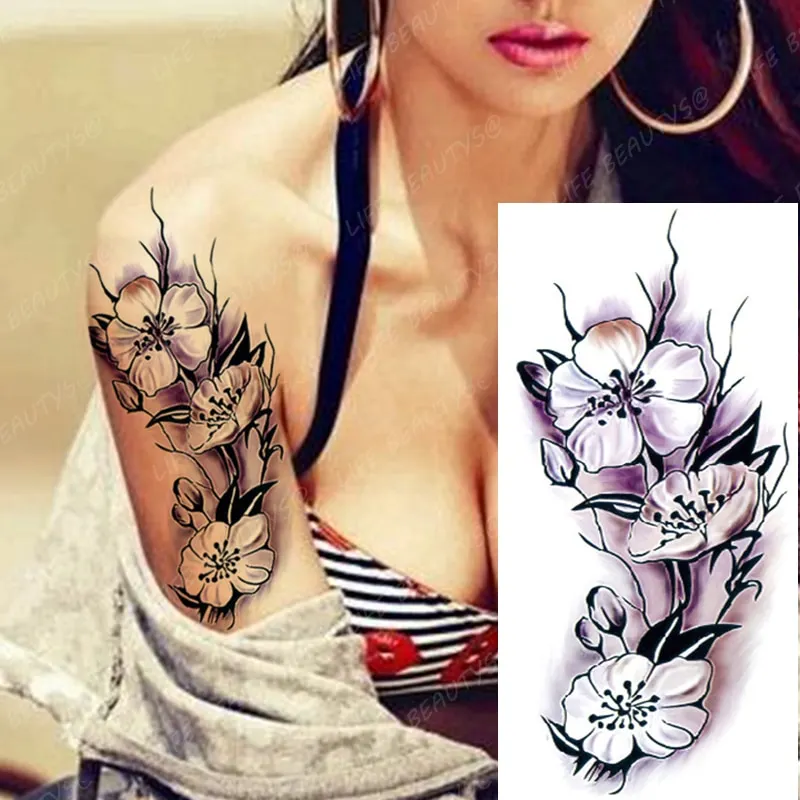 Sdrawing Temporary Flower Tattoos Women Fashion Beauty Rose Butterfly Flash 3D Fake Tattoo Arm Sleeve Pink Blue Sticker Girl