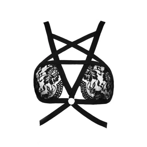 Sexy Lace Bra See Through Novelty Criss-Cross Bandage Floral Lace Bralette Bustier Party Club Crop Top Shirt Vest Black Women