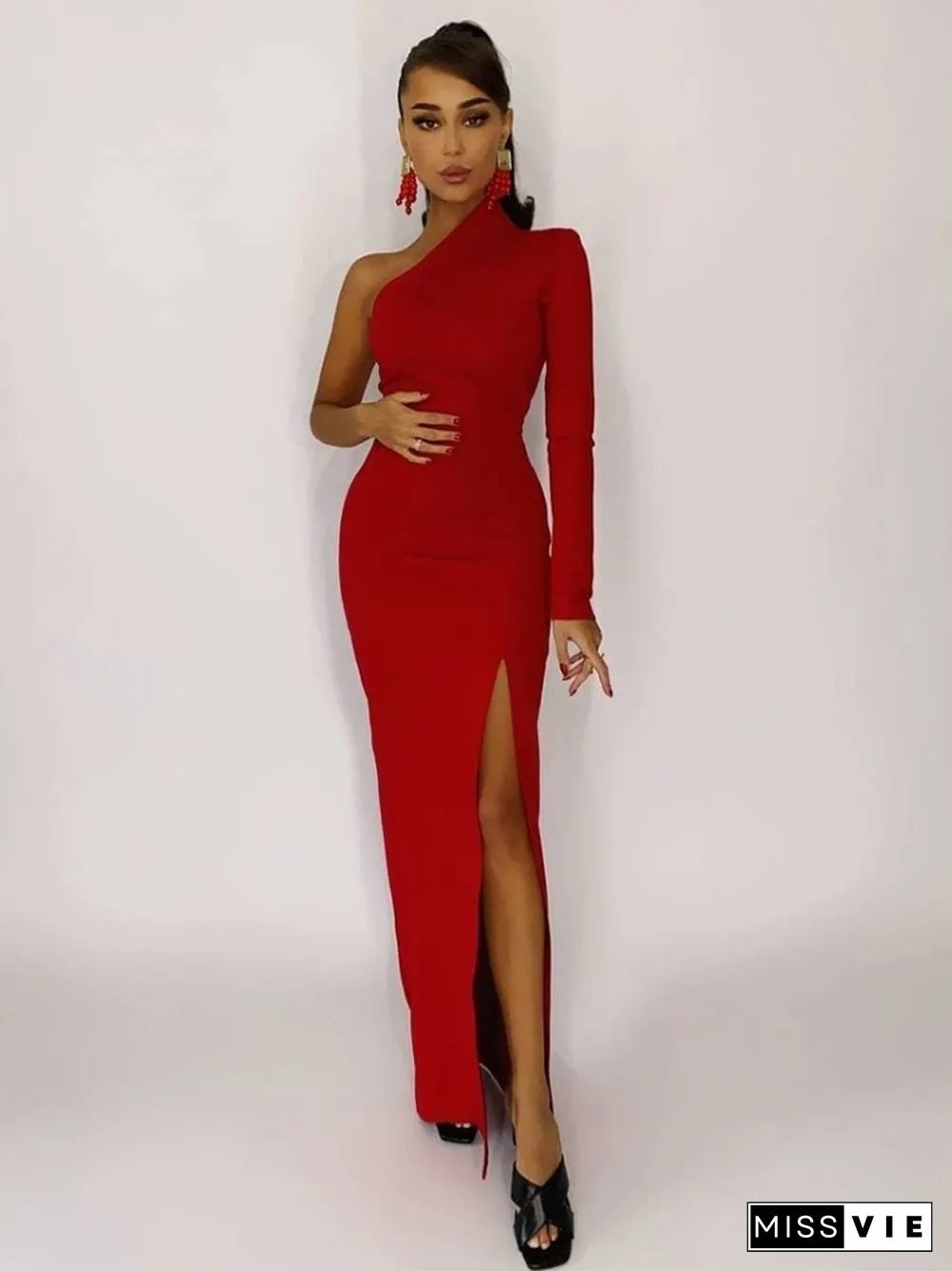 Red Elegant Dresses For Women Fashion One Shoulder Maxi Dress Bodycon Spring Summer Ladies Sexy Evening Club Party Dress