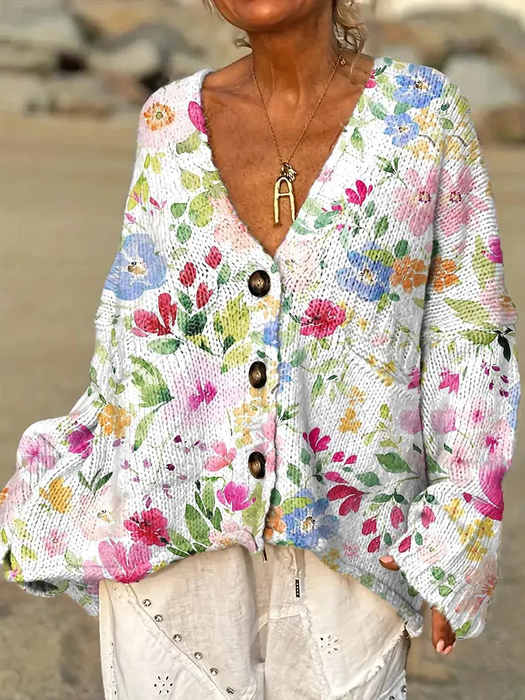 Women's Artistic Watercolor Flowers Casual Pullover Sweater