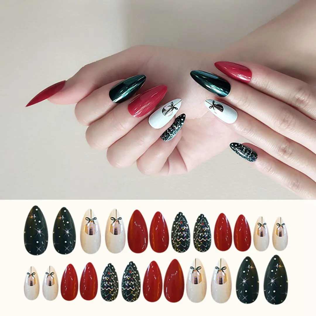 24 PCs/Box Christmas Style Ballerina False Nails Wearable Coffin Fake Nails Detachable Full Cover Nail Tips Press On Nails-Nail Inspo