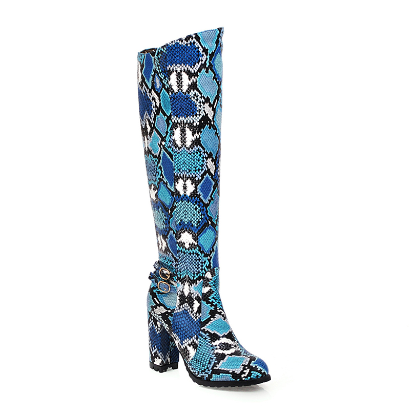 GOOSHOE Snake Pattern PU Zipper Knee High Boots Round Toe Thick Heel Snake Pattern Plush Lining Long Boots
