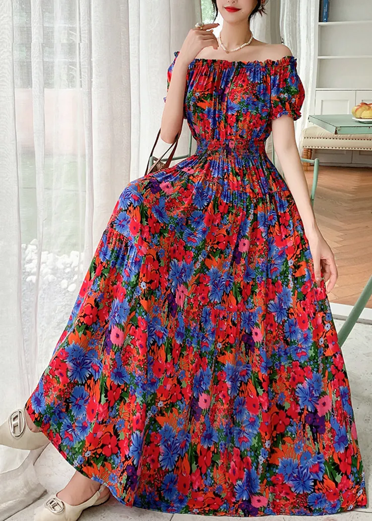 Women's floral dress, travel beach dress, printed short-sleeved one-line collar, Maxi Dress