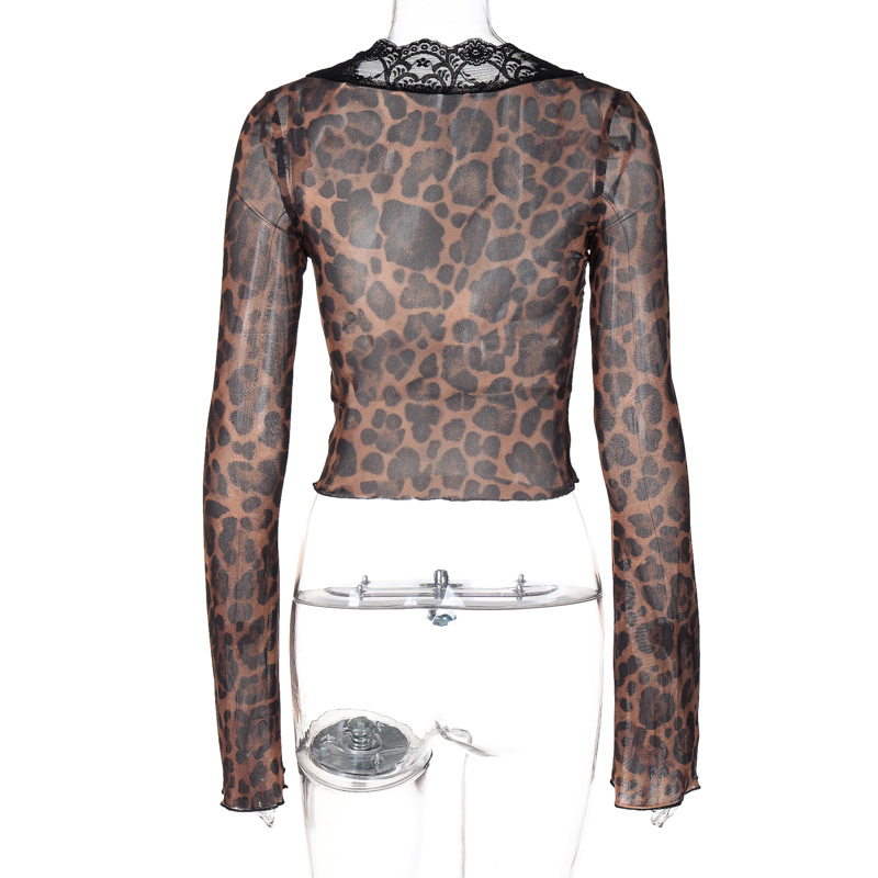 Ootddress Women's Sexy Mesh See Through Tee Shirt Summer Leopard Print Deep V Slim Long Bell Sleeve Fit Evening Club Partywear Top