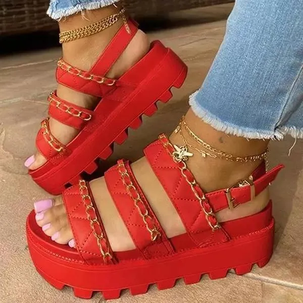 Women Comfotable Fashion Pu Chain Adjusting Buckle Thick Bottom Sandals