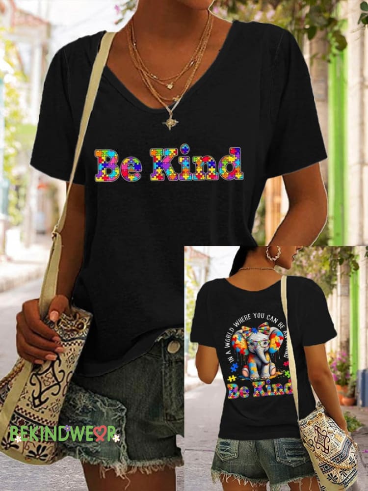 Women&rsquo;s Retro Autism Awareness Be Kind Print V-Neck T-Shirt Black / S