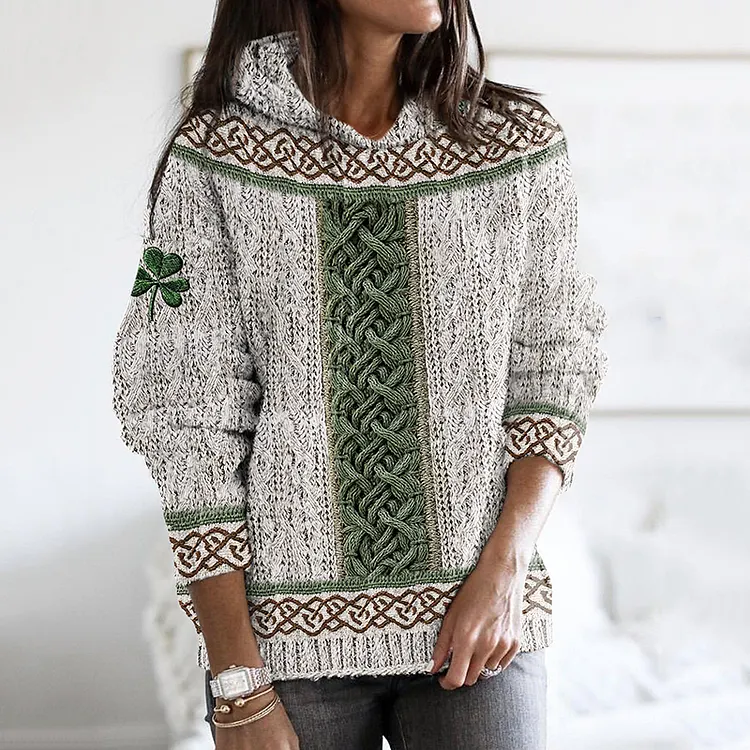 Women's Irish Celtic Knotted Shamrock Contrast Jacquard Sweater