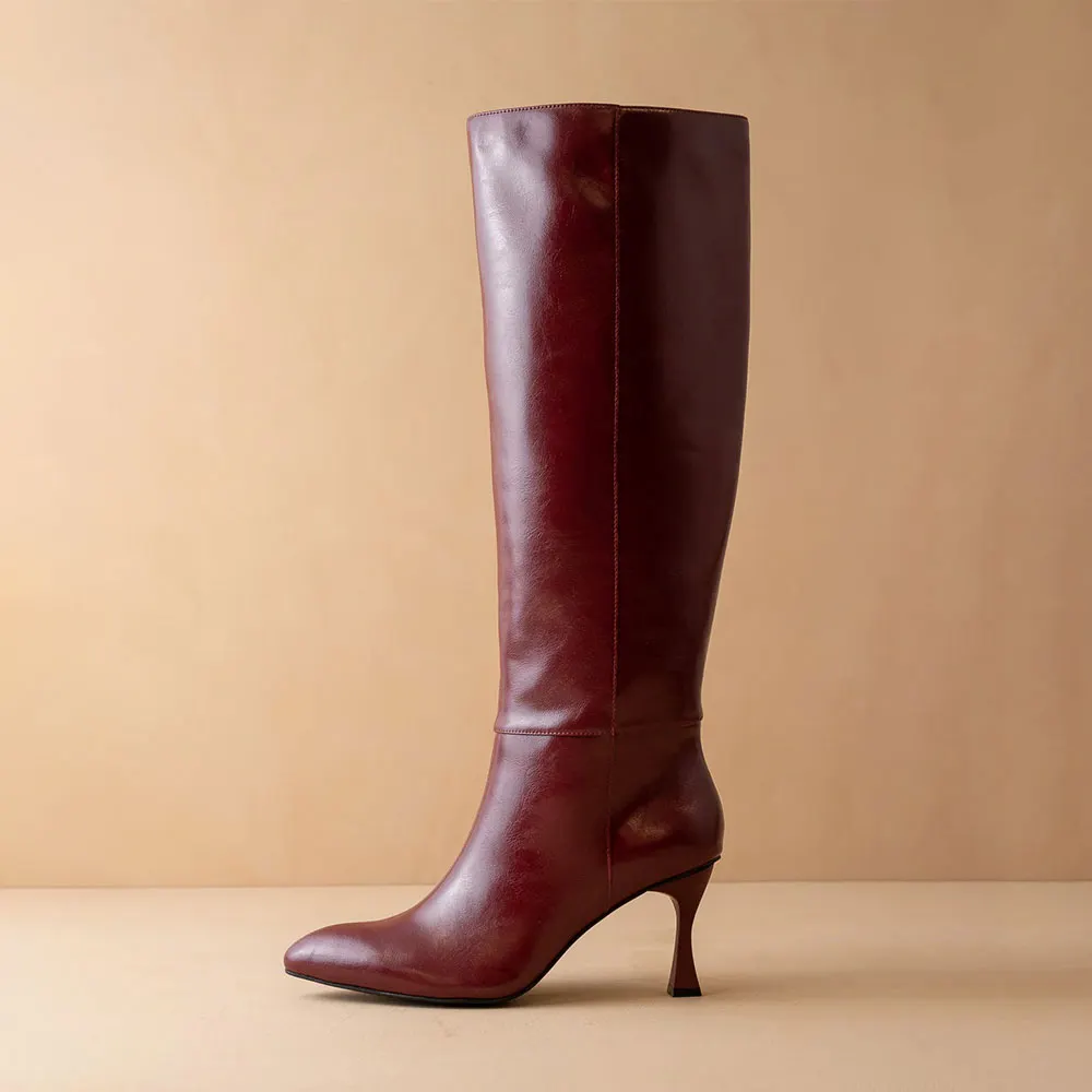 Women's Maroon Pointed Toe Chic Pull On Knee High Heeled Boots