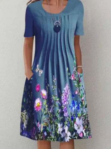 Brownm Floral Print Round Neck Pocket Mid-length Dresses