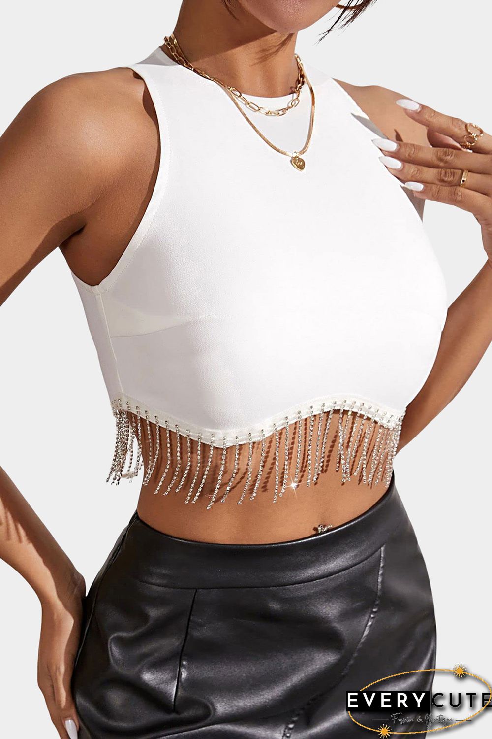 White Rhinestone Fringe Zip Back Round Neck Cropped Tank Top