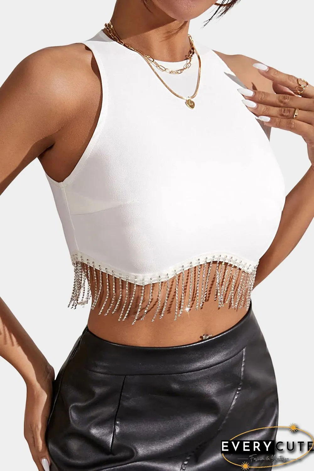 White Rhinestone Fringe Zip Back Round Neck Cropped Tank Top