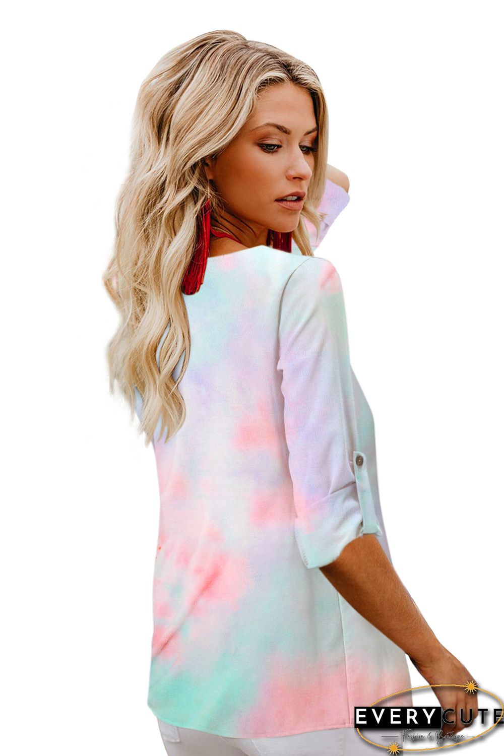 V-neck Long Sleeve Tie-dye Blouse With Buttons Closure