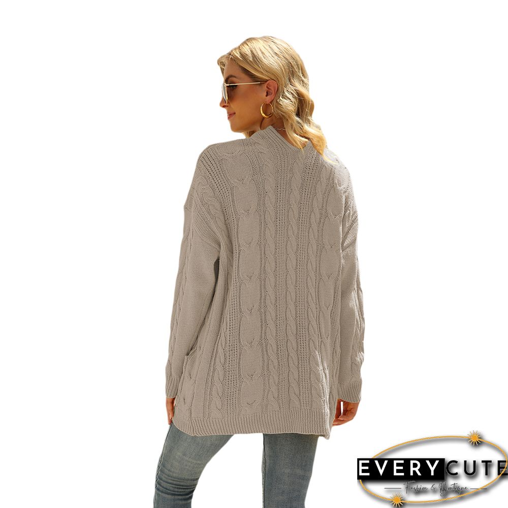 Khaki Open Front Cable Knit Cardigan