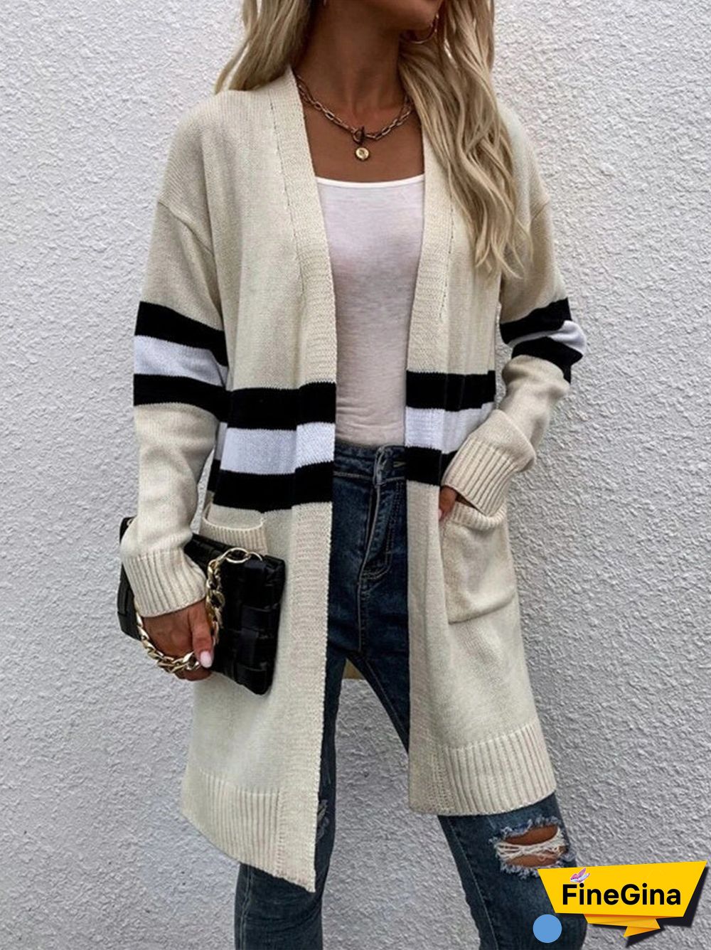 Women's V-neck Stitching Sweater Cardigan Jacket Mid-length Coat