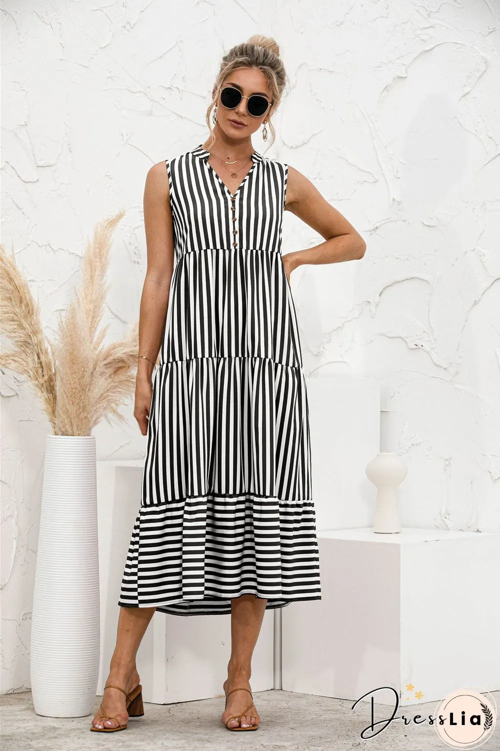 V-neck Striped Button Stitching Dress