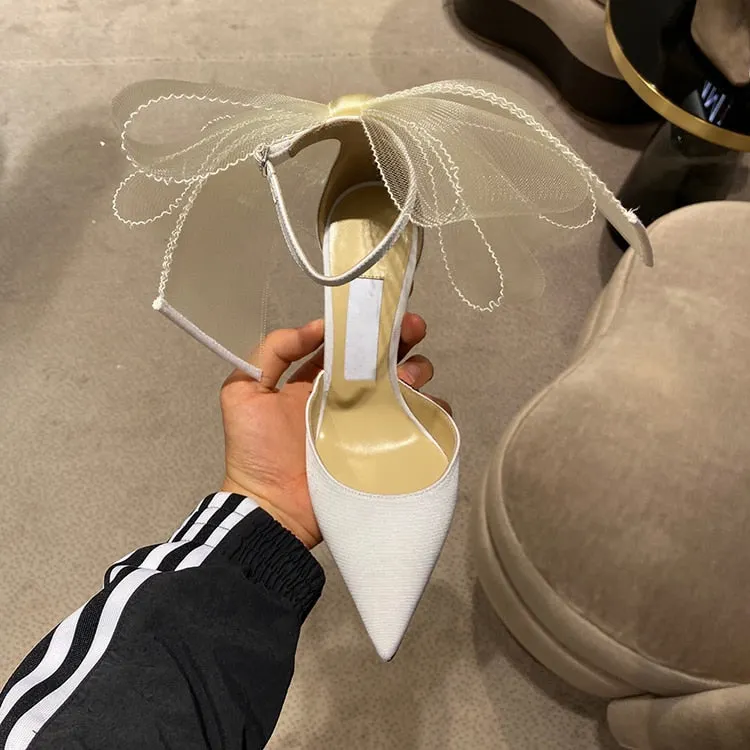 Elegant Single Summer Shoes 2022 Women Elegant Silk Buckle Strap Bowknot Mesh Sandals Pointed Toe Stiletto Heel Marry Jane Shoes