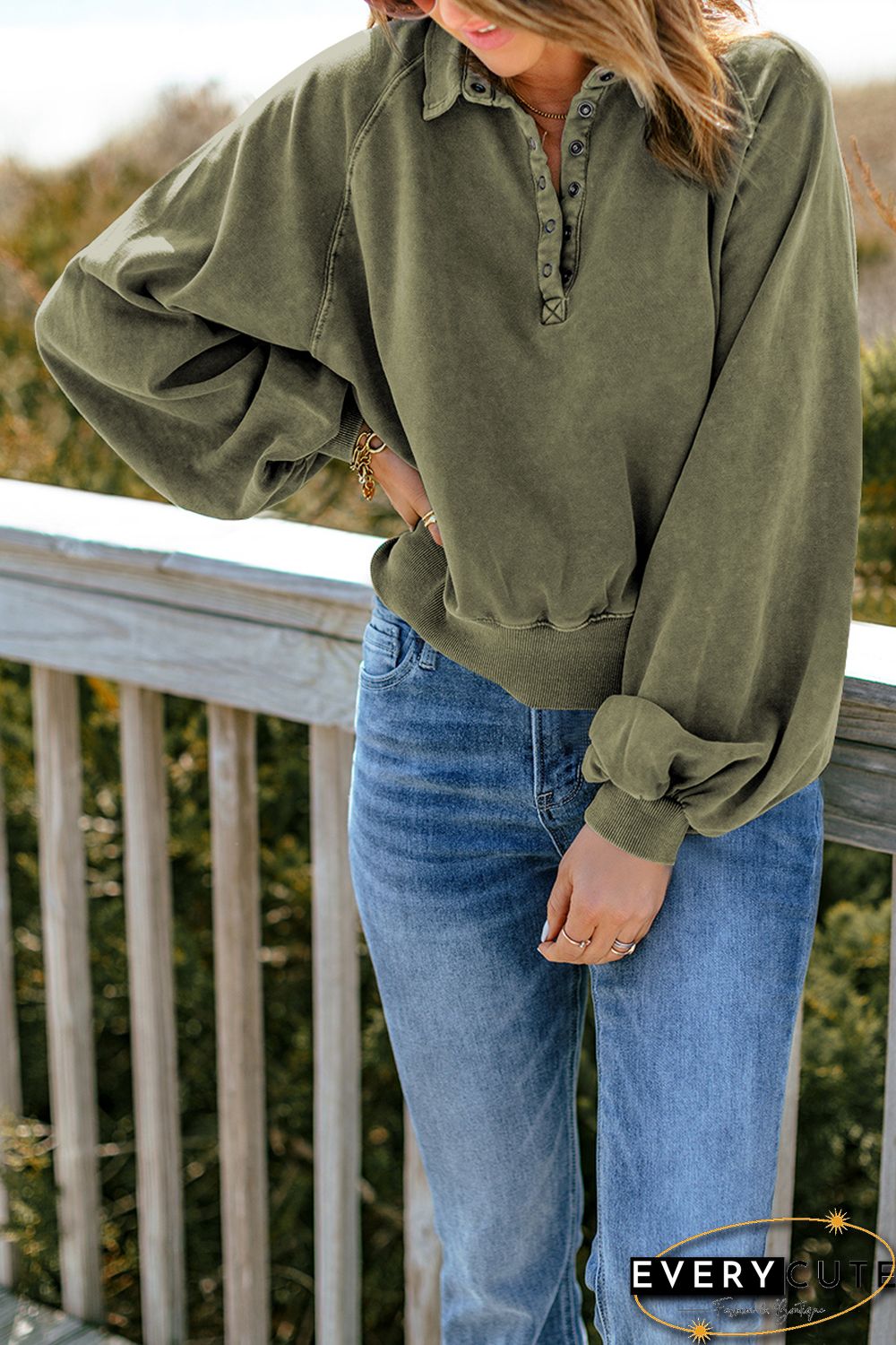Green Washed Snap Buttons Lantern Sleeve Pullover Sweatshirt