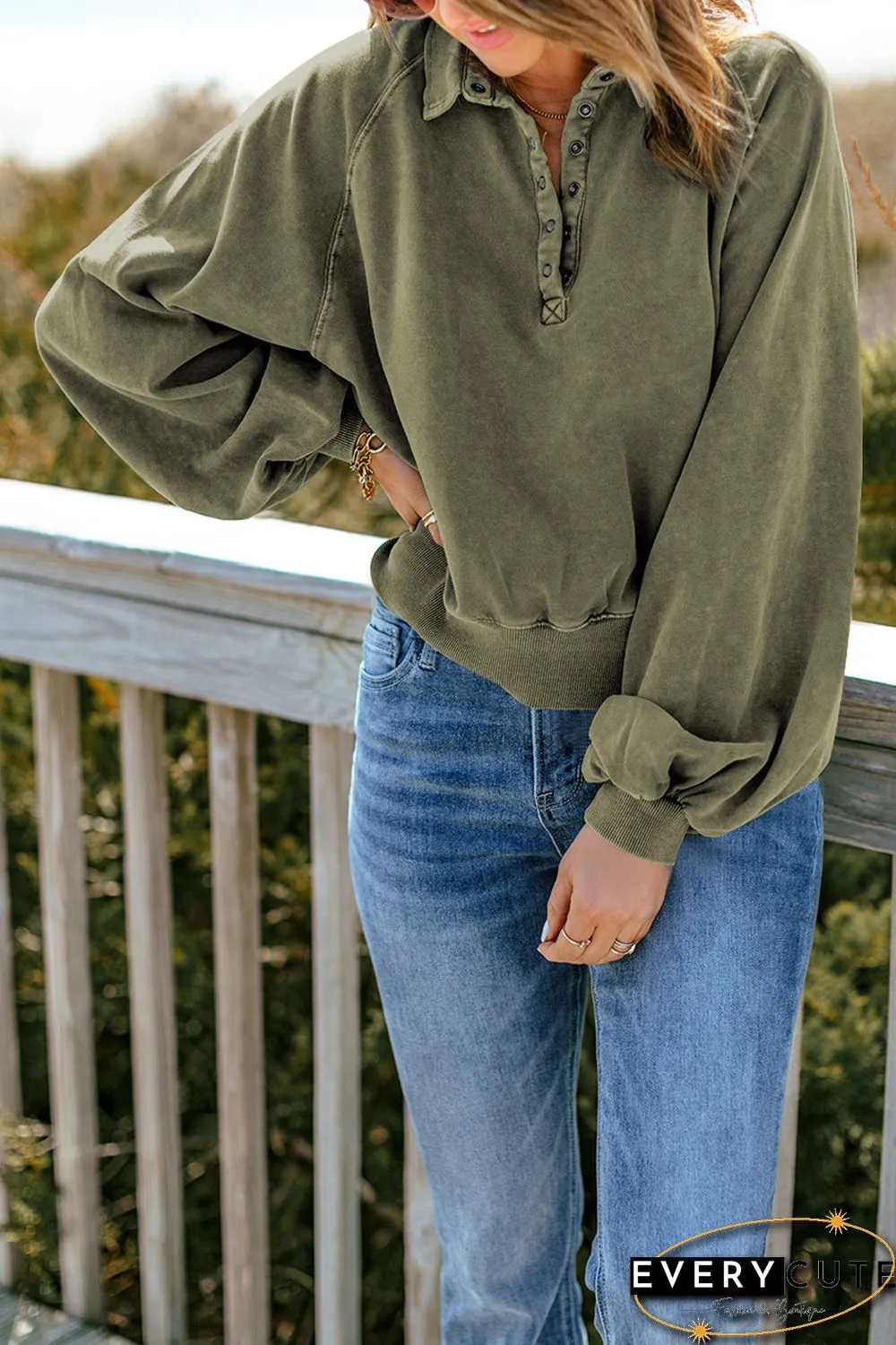 Green Washed Snap Buttons Lantern Sleeve Pullover Sweatshirt