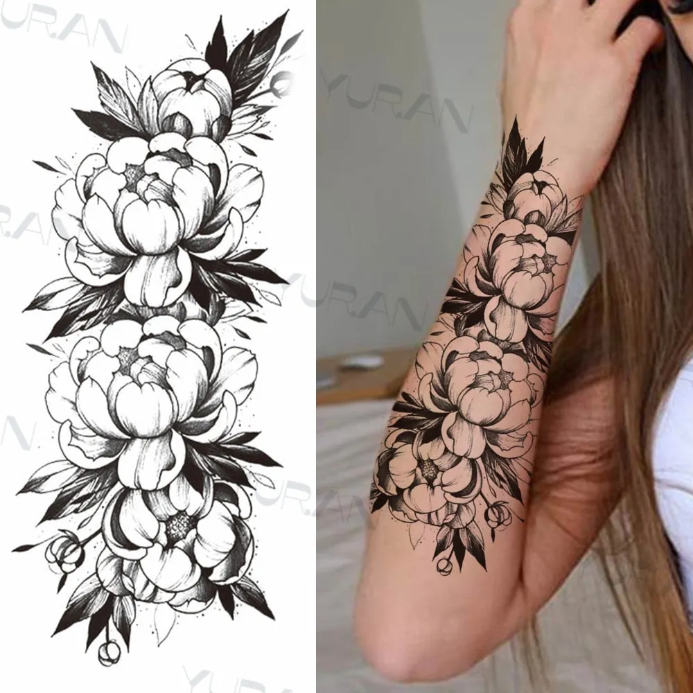 Black Large Snake Flower Fake Tattoo Sticker For Women Dot Rose Peony Temporary Tattoos DIY Water Transfer Tatoos Girls 530