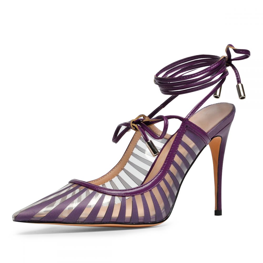 Purple & Transparent Striped Pointed Toe Lace Up Pumps Heels Nicepairs