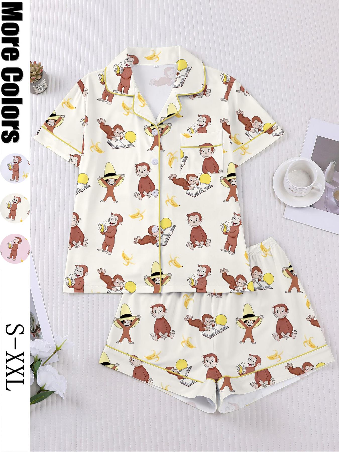 Women's Monkey Banana Print Sleepwear Set, Comfortable Short Sleeve Button Shirt & Loose Elastic Shorts, Fashion Casual Home Wear, Pajama Set, Matching Pj Set, Sleepwear Pajamas Set
